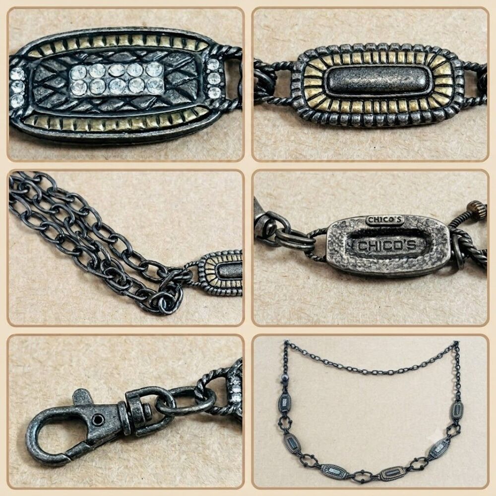 Chicos Vintage Mixed Metal Rhinestone Medallion Chain Belt Statement Necklace